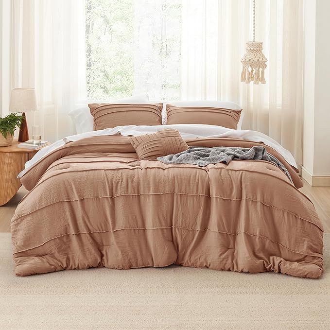 Bedsure California King Comforter Set - 4 Pieces Pinch Pleat Bed Set, Taupe Boho Bedding for All Season, 1 Soft Comforter, 2 Pillowcases, 1 Decorative Pillow
