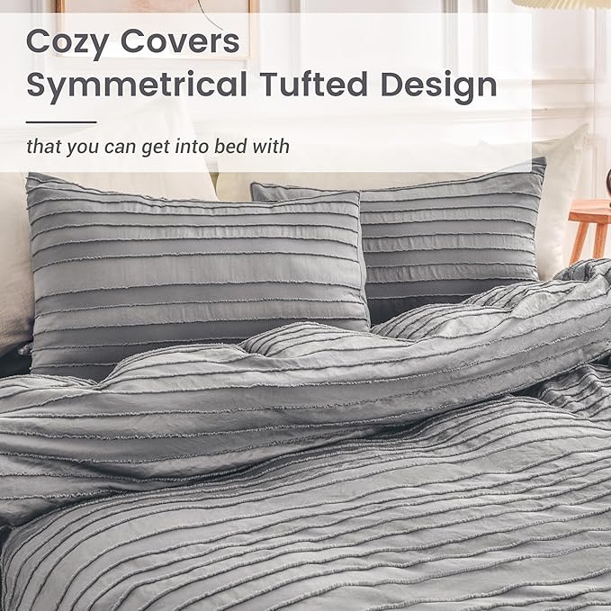 NEXHOME PRO Duvet Cover Full Size, Grey 3 Pieces Boho Tufted Duvet Cover Set, Soft and Lightweight Microfiber Comforter Cover Set for All Season (Grey Full, 80 x 90)-No Comforter