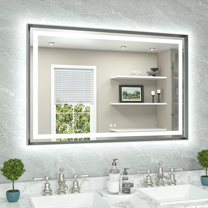 TETOTE 48 x 32 Bathroom LED Mirror Brushed Gunmetal Gray Frame Frontlit & Backlit Vanity Mirror Anti-Fog Stepless Dimmable 3 Colors White/Warm/Natural Wall-Mounted