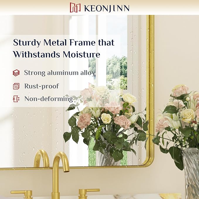 Keonjinn Gold Bathroom Mirrors for Vanity, 24 x 32 Inch Rounded Rectangle Gold Mirror for Wall, Brushed Brass Mirror with Metal Frame, HD Tempered Glass Modern Gold Framed Mirrors(Horizontal/Vertical)