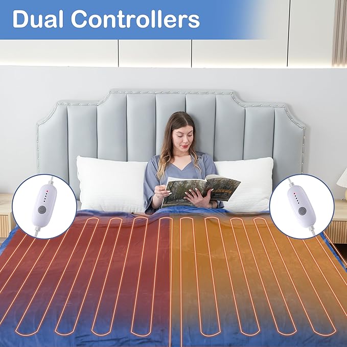 Electric Heated Blanket Queen Size 84"x90", Dual Controllers, Cozy Large Oversized, 5 Heating Levels & 10 Hours Auto Off, Cozy for Bed, Sofa, & Office, Machine Washable, Denim Blue