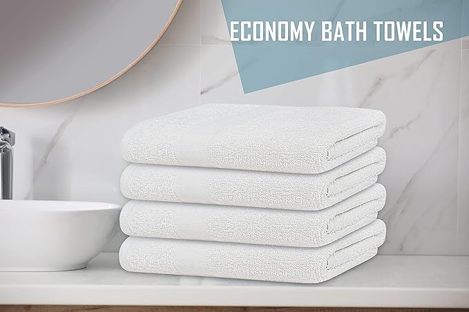 (Pack of 60 White Bath Towels Bulk 20x40 Inches -100% Cotton Economy Cheap Bath Towels for Commercial Uses, Gym, Salon, Spa & Hair -Lightweight Bath Towel Quick Drying -Bath Towel Sets Bulk