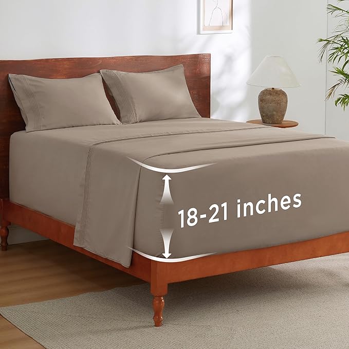 Bedsure Deep Pocket Queen Sheets Set - Fits Mattresses Up to 21 Inches Thick - 4 Piece GentleSoft Bed Sheets, Moisture Wicking, Soft & Cooling Bedsheet & Pillowcases, Easy & Secure Fit, Taupe