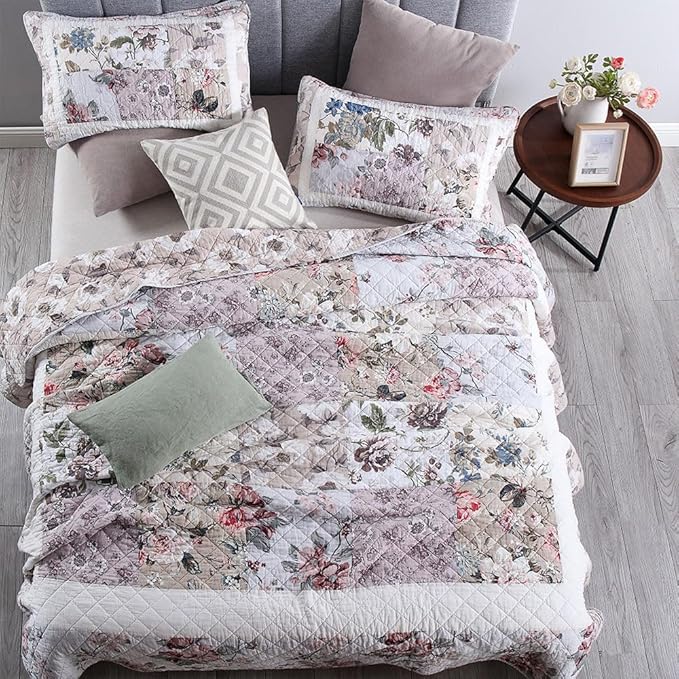 Cotton Bedspread Quilt Bedding Sets 3 Pieces Reversible Coverlet Sets Comforters Vintage Floral Patchwork White Bedspread, King Size
