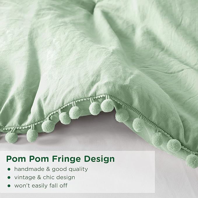 Codi Sage Green Boho Twin Comforter Set, Aesthetic Luxurious Pom Fringe Design Bedding, Cute Soft Washed Microfiber Bed Sets, Lightweight Chic,1 Comforter & 1 Pillowcase
