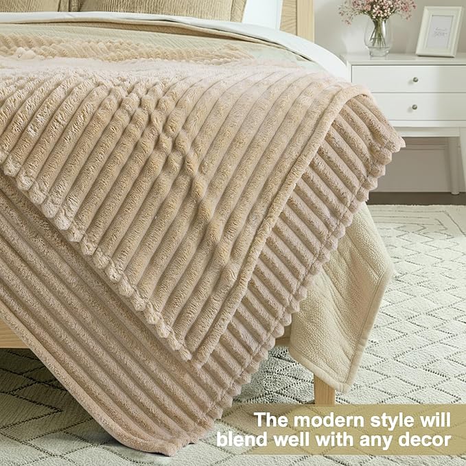 decorUhome Christmas Soft Fleece Light Brown Twin Blanket for Bed, Cozy Fluffy Plush Flannel Striped Throws for Couch Sofa, Lightweight Decorative Ribbed Fuzzy Blanket for Woman, 60x80 Inches