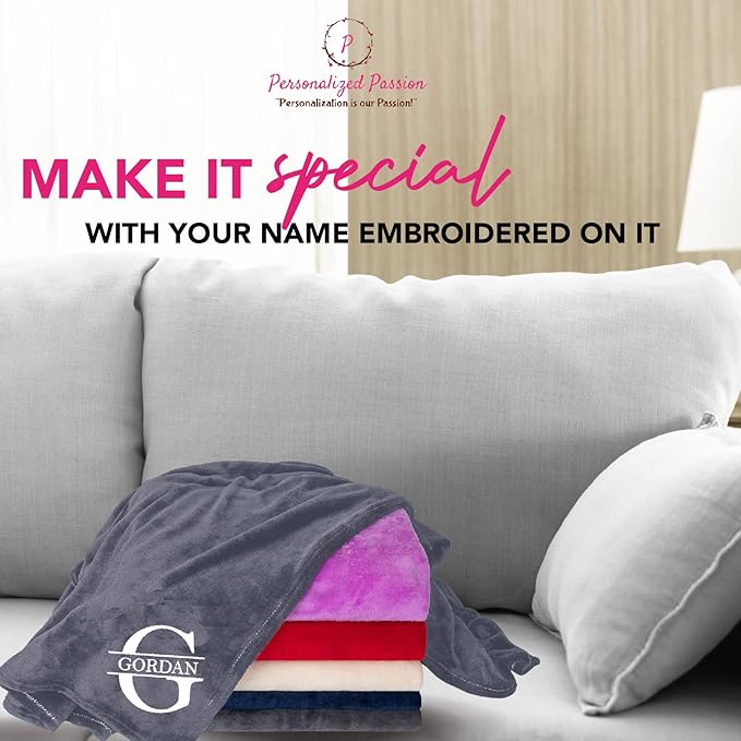 Personalized Passion Blankets with Custom Name & Initial Monogram - Super Soft and Cozy Fleece - Unisex Custom Blanket for Him and Her - 80x60 Inches - Grey