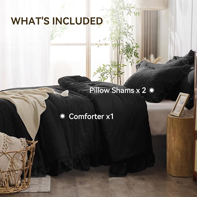 JOLLYVOGUE Black Queen Comforter Set, 3 Pieces Seersucker Comforters Queen Size, Lightweight & Fluffy Bedding Sets Queen for All Season with 1 Ruffle Comforter and 2 Ruffle Pillowshams
