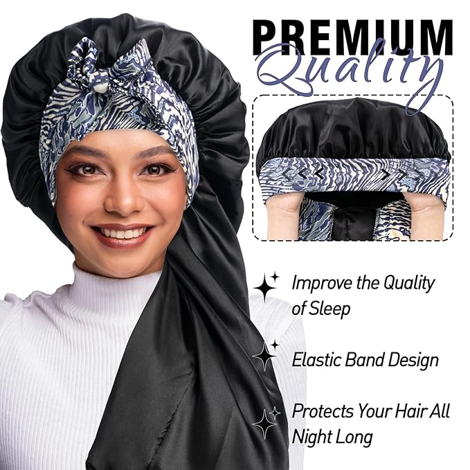 2Pcs Bonnets for Women Sleeping Braid Bonnet, Large Long Satin Silk Bonnet for Braids, Black Women Braid Bonnets with Stretchy Tie Band for Sleeping Extra Long (Pink &Black Pattern)