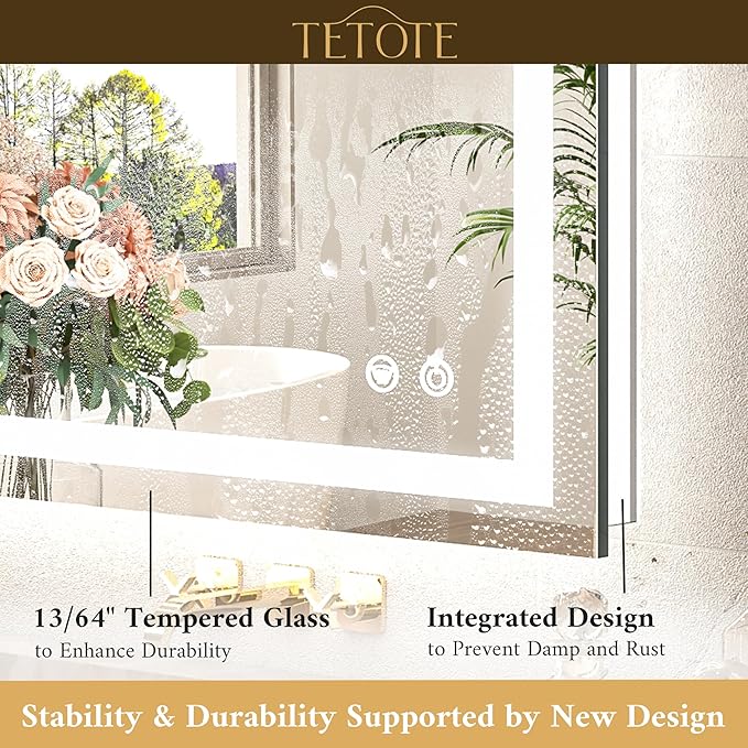 TETOTE 60 x 40 LED Lighted Bathroom Mirror with Lights, Brighter Frontlit and Backlit Led Mirror for Bathroom Wall, Light up Vanity Anti Fog Mirror, 3-Color Dimmable, Waterproof, Tempered Glass