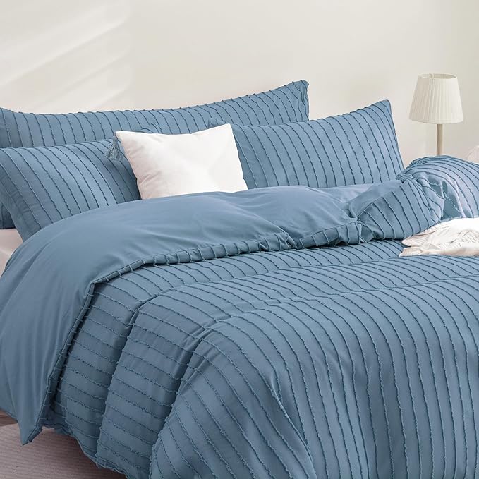 JELLYMONI Duvet Cover Full Size Blue - 3PCS Boho Striped Duvet Cover Set Polyester Tufted Bohemian Textured Comforter Cover with Corner Ties & Zipper Closure