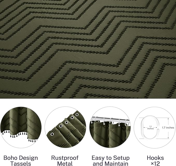 Extra Long Olive Green Boho Shower Curtain with Tassel, Woven Fabric 90 in Shower Curtain, Tufted Chevron Striped, 72 x 90, Modern Chic Textured Minimalist Bathroom Shower