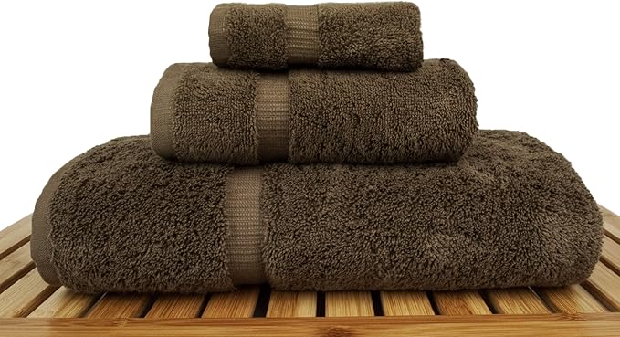 BC BARE COTTON Luxury Hotel & Spa Quality Collection, Quick Dry 100% Turkish Cotton, 750+ GSM, Eco Friendly Towel Set, Bathroom and Kitchen Dobby Border Towels (3 Piece, Cocoa)