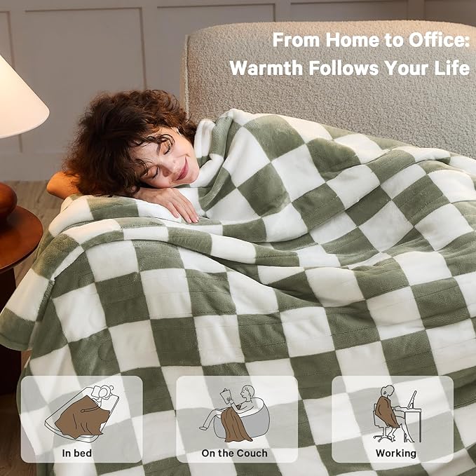 Sage Green Heated Blanket Electric Twin Size, 62X84 Heating Blanket with 10 Heat Levels & 8 Hours Auto Off, Checkered Plaid Soft Fleece Sherpa Blankets Warmer Gifts for Couch Grandma Women Adults