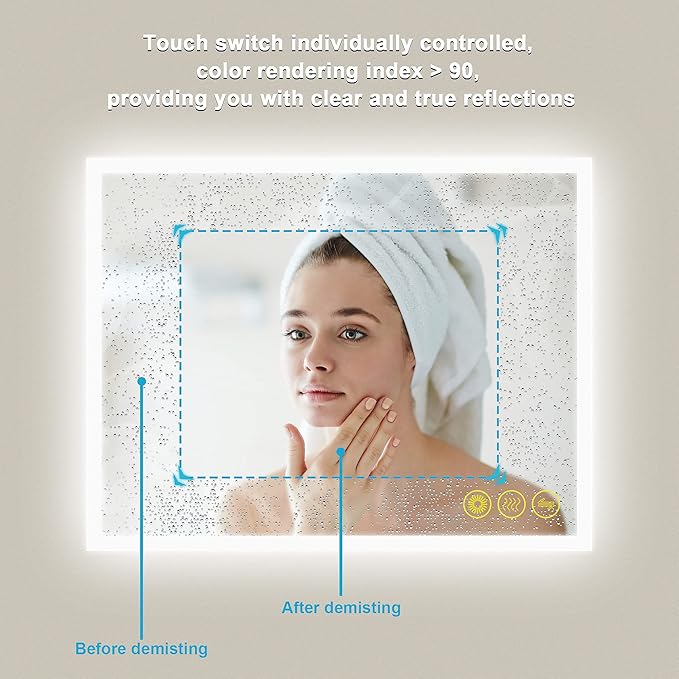 Wall-Mounted LED Square Bathroom Mirror, Makeup Mirror (36inches x 30inches,) 3 Color Stepless Dimmable Memory Bathroom Vanity Mirror with Lights CRI90+ 3000-6400K Smart Mirror with Touch