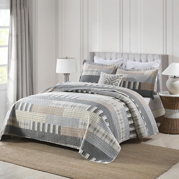 Uniclinens Quilt Set King Size, 100% Cotton Quilted Quilts Bedding Set Bedspreads, Farmhouse Patchwork Plaid Quilted Comforter Set, 3 Pieces Set with 2 Pillowshams, Cream/Grey/Brown