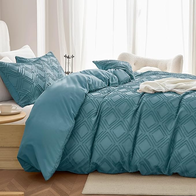 JELLYMONI Duvet Cover Queen Size Grayish Blue - 3PCS Boho Duvet Cover Set Plaid Polyester Tufted Bohemian Jacquard Knit Textured Comforter Cover 90×90in Rhombic Geometric Pattern Zipper Corner Tie