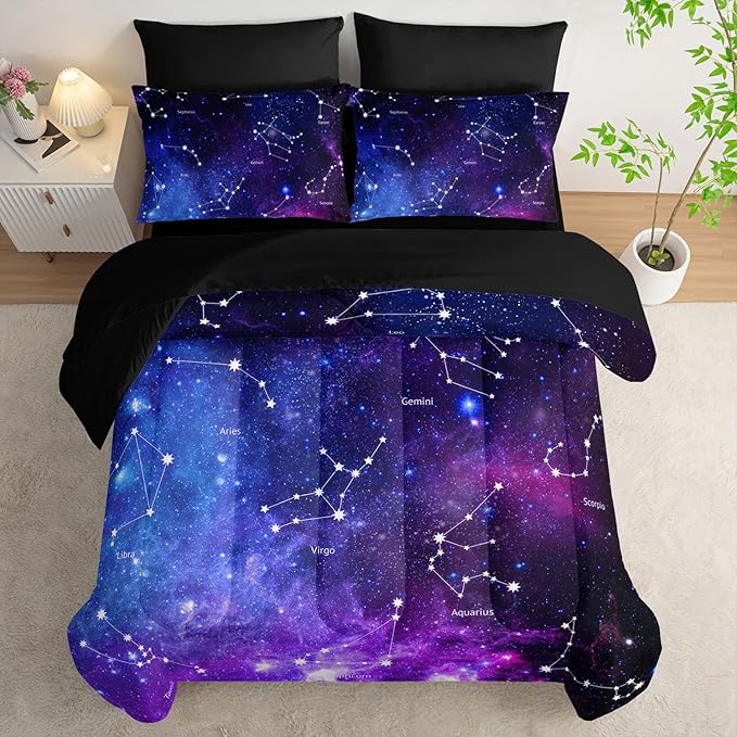 7pc Space Comforter Set - Galaxy Bedding, Starry Night Bed in a Bag, Includes Sheets, Soft Microfiber, All Season, Queen Size