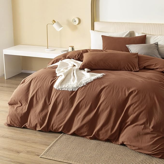 JIYUAN 100% Washed Cotton Duvet Cover Set 3 Pieces Super King, 1 Duvet Cover 108x98 Inches(Comforter Not Included) and 2 Pillowcases,Linen Feel Bedding Set Comfy and Breathable,Burnt Orange