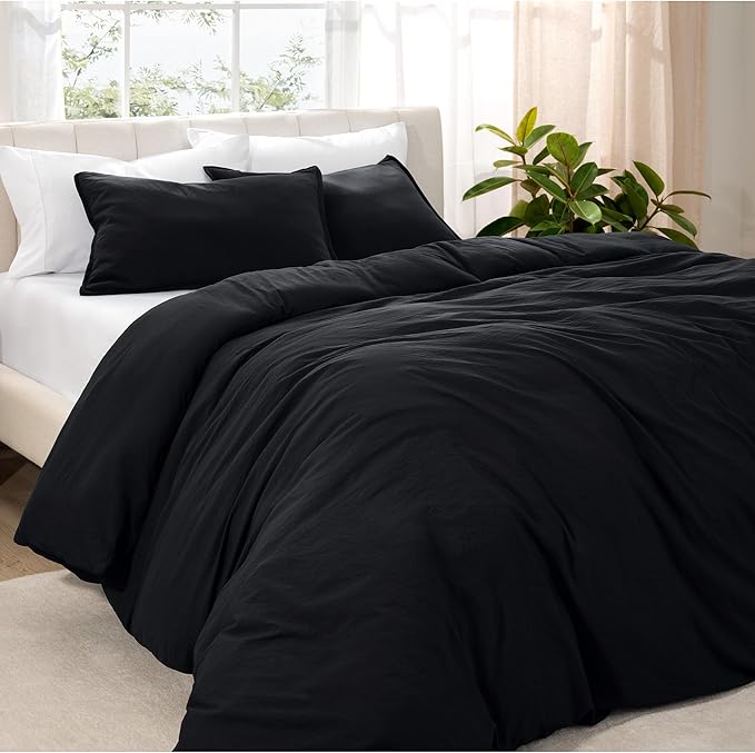 Bare Home Microfiber Duvet Cover Set - Ultra Soft Washed Microfiber - Queen Size - Linen-Like Look - Easy Care - Breathable Fabric - Our Softest Duvet Cover Set (Queen, Black)