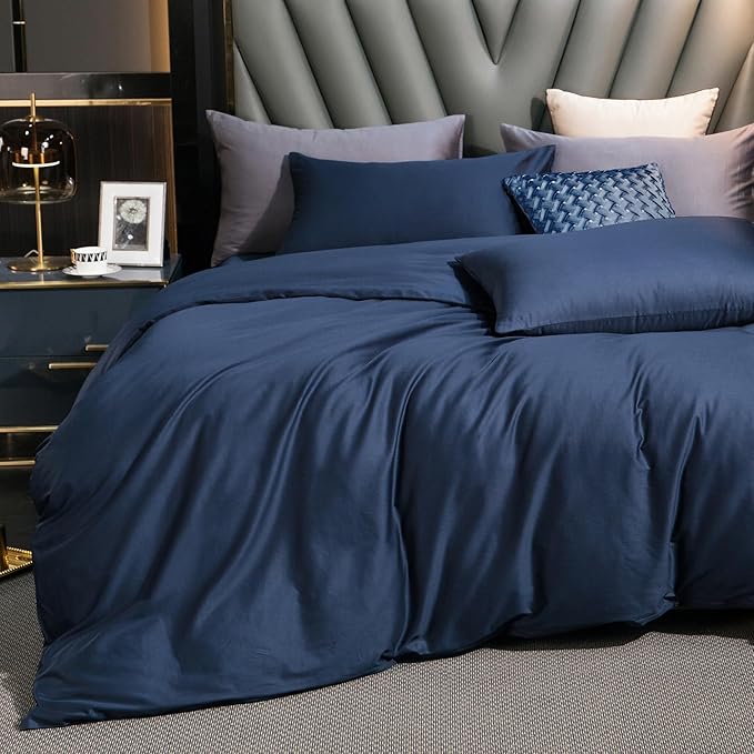 MooMee Duvet Cover Set 100% Extra Long Staple Cotton 600 Thread Count Silky Sateen Smooth Luxury Soft Breathable Durable Hotel Quality Bedding, 3 Pieces (Navy Blue, Queen 90"x90")