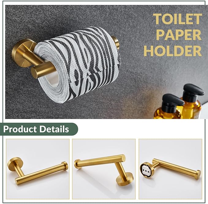 APLusee 2 Pieces Bathroom Hardware Set Brushed Gold, Contemporary 304 Stainless Steel Storage Accessories Kit with Oval Hand Towel Ring, Toilet Paper Holder Wall Mounted