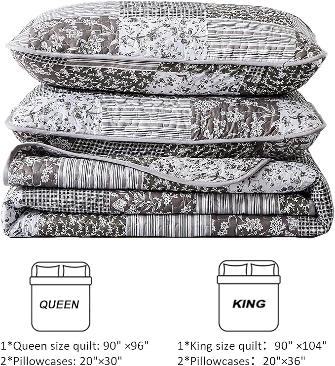 Mybedsoul Grey Boho Quilt Set King Size,3 Pieces Plaid Floral Bedspread Coverlet Set for All Season,Patchwork Reversible Bedding Set King 90"x104"