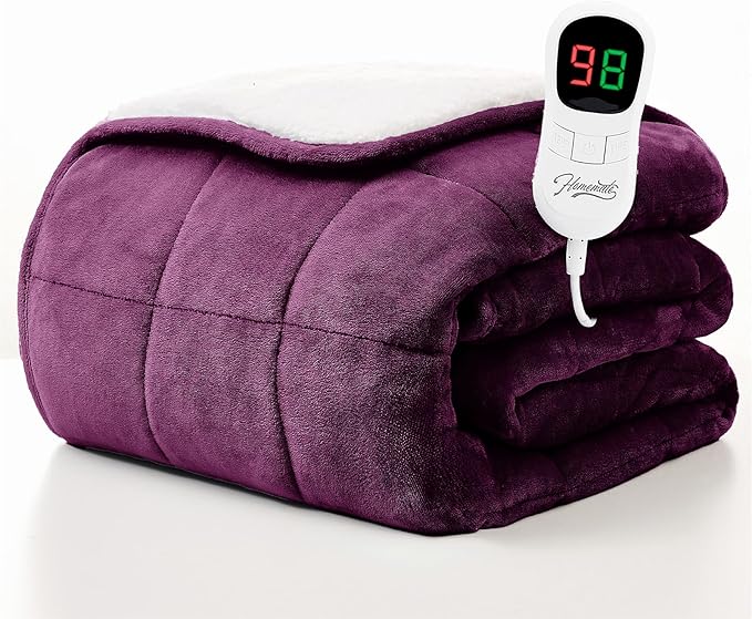 Homemate Heated Weighted Blanket for Adults - 50"x60" 10lbs Electric Throw Fast Heating Heavy Blanket 1/2/4/6/8 Hour Auto Off 10 Heat Levels Over-Heat Protection Soft Flannel Sherpa