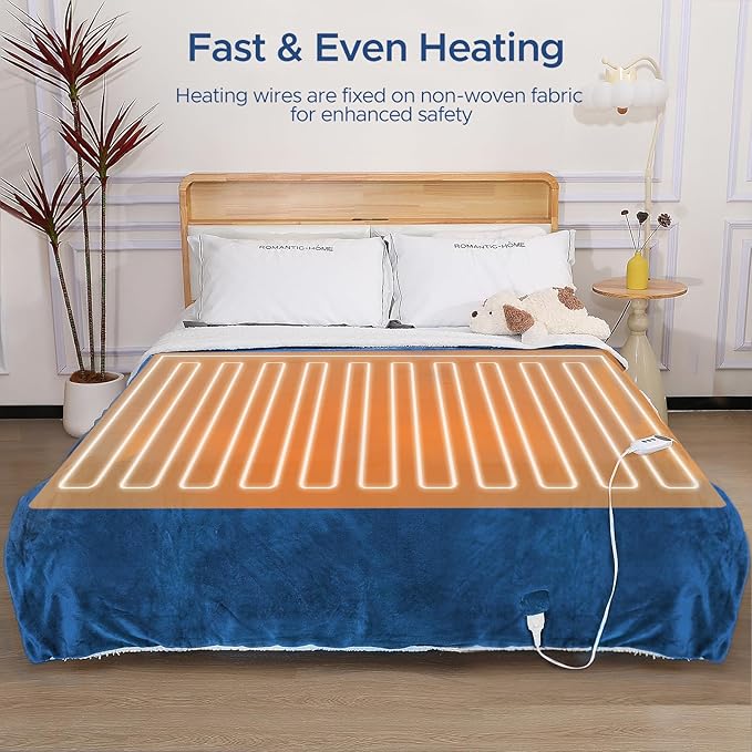 Heated Blanket 72"x84" Full Size, Dual-Sided with Soft Flannel & Sherpa Fabric, Electric Blanket with 9 Heating Levels & 2-10 Hours Auto Off, Machine Washable, Blue