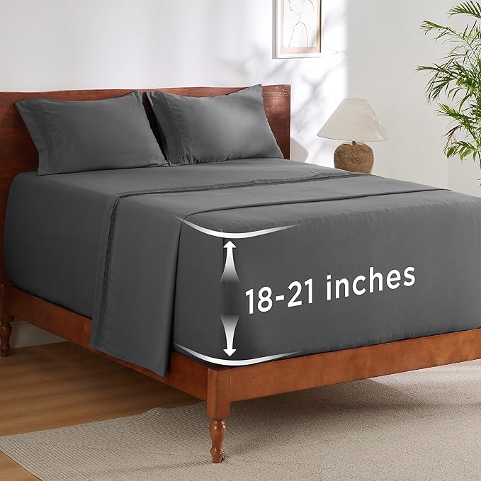 Bedsure Twin XL Sheets Dorm Bedding, GentleSoft Breathable Extra Long Twin Sheets & Pillowcases, Moisture Wicking Cooling, Deep Pocket Fits Mattress Up to 21 Inches Thick, Dark Grey