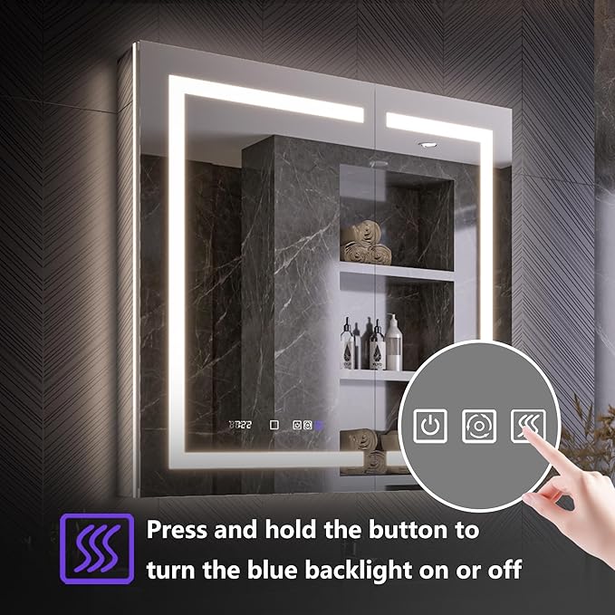 Lighted Medicine Cabinet with Mirror 36"x36" Recessed LED Medicine Cabinet Mirror, Front&Backlit, Anti-Fog, Stepless Dimming, 3-Color Temperatures, Magnifier, 2 Outlets, Storage Shelves, ETL Certified