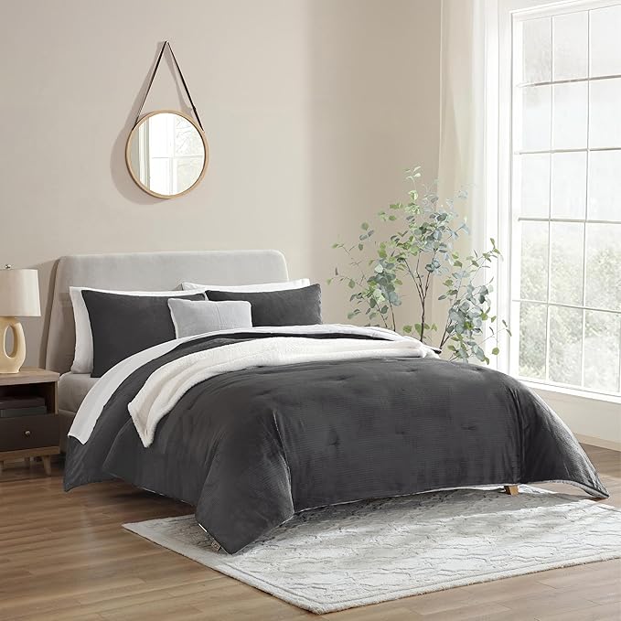 UGG Full/Queen Comforter Set 5 Piece Bed in a Bag with Throw Blanket, Decorative Pillow, Shams, Reversible Hypoallergenic Washable Luxury Warm Fluffy Bedding Set, Charcoal Grey (Remina)