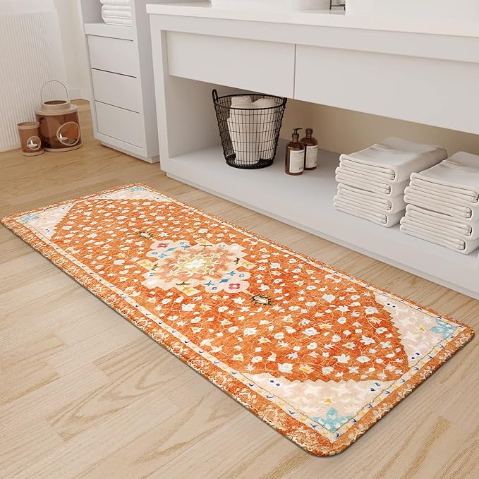 Uphome Long Boho Rug Orange Vintage Floral Bathroom Runner Rug Non-Slip Machine Washable Bath Mat Soft Velvet Oriental Traditional Aesthetic Accent Rug for Sink Shower Doormat Tub, 20x59 inch