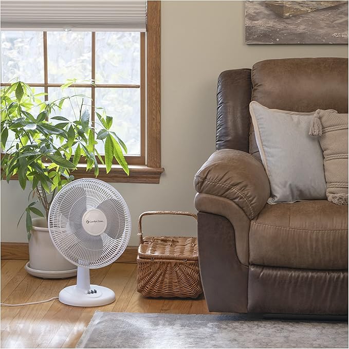 Comfort Zone 12 inch Table Fan with Adjustable Tilt, Wide Area Oscillation, Quiet Air Circulator Fan For Bedroom, 3 Speed Desktop Fan for Home Office, Push Button Controls, White