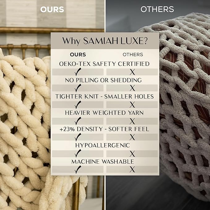 SAMIAH LUXE Chunky Knit Blanket Throw 50x30", Cream Chenille Chunky Knit Throw Blankets for Living Room Decor or Boho Decor, Personal Lap Blanket for Couch or Bed, Cable Knitted Crochet Lap Blankets