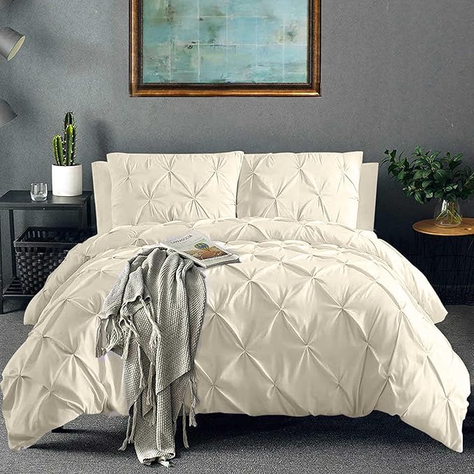 Pinch Pleated Duvet Cover Set 100% Brushed Microfiber 3PC Twin Size 68x90 Duvet Cover Set, Decorative Pinch Design Ivory Duvet Cover with Matching Pillow Case