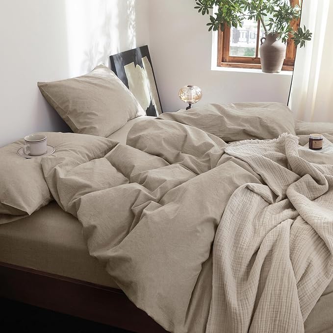 FOSSA Duvet Cover Set 100% Washed Cotton Linen Feel Super Soft Breathable Cozy 3 Pieces Bedding Sets Solid Tannish Linen Grey Full/Double