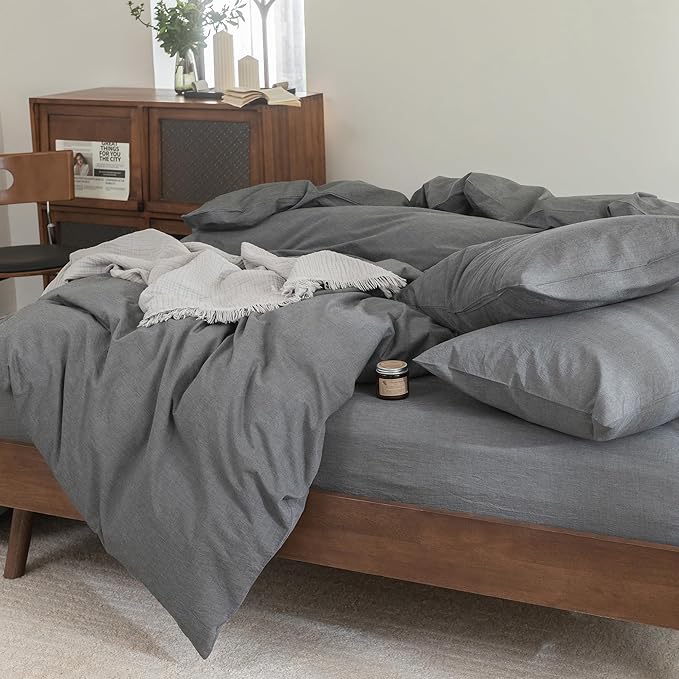 FOSSA Duvet Cover Set 100% Washed Cotton Linen Feel Super Soft Breathable Cozy 3 Pieces Bedding Sets Solid Dark Grey Queen