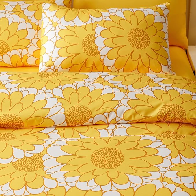 KAREVER Yellow Sunflower Comforter Set Full Size Yellow Sunflower Bedding Set 3 PCs Comforter Set Full Size Fluffy Linen Comforter Sets