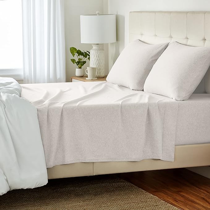 Amazon Basics Cotton Jersey 4-Piece Soft, Breathable, Wrinkle-Free Bed Sheet Set, Queen, Oatmeal, Solid