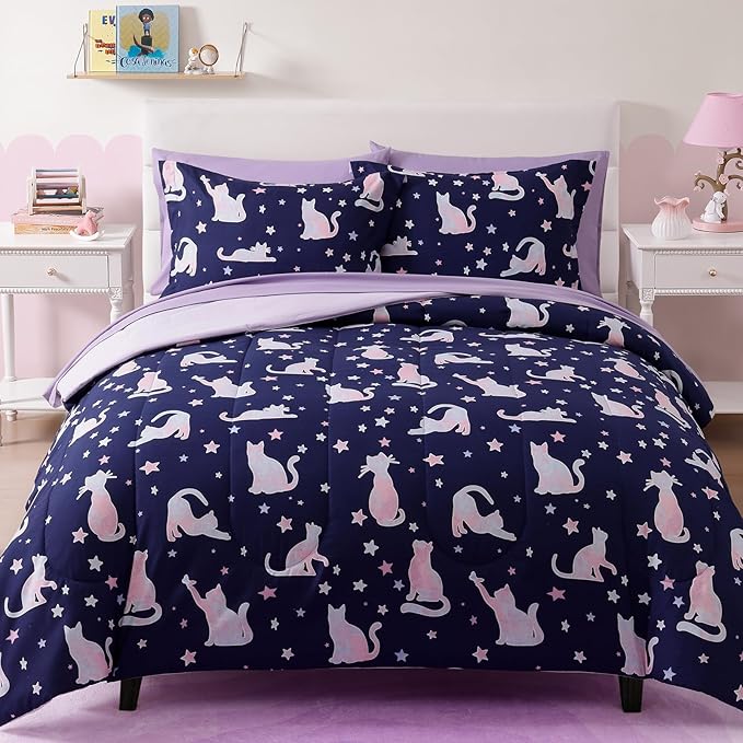 Full Size Comforter Set for Girls-7 Pieces Cute Cat Full Bedding Sets for Kids, Ultra Soft Bed in A Bag with Sheets