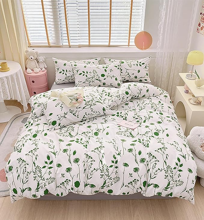 KAREVER Botanical Comforter Set King White and Sage Floral Plant Bedding Comforter Set Girls Blanket Rustic Leaf Blossom Women White Farmhouse Comforter King