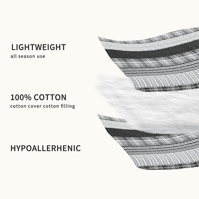 Homzard King Size Comforter - 100% Cotton, Black White Striped King Quilt Bedding Set,Black Grey Plaid Striped Bedding King,Farmhouse Lightweight Comforter for Bed,All Season