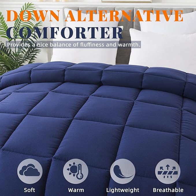 Cosybay Down Alternative Comforter (Blue/Grey, King) - All Season Soft Quilted King Size Bed Comforter -Duvet Insert with Corner Tabs -Winter Summer Warm Fluffy, 102x90 inches