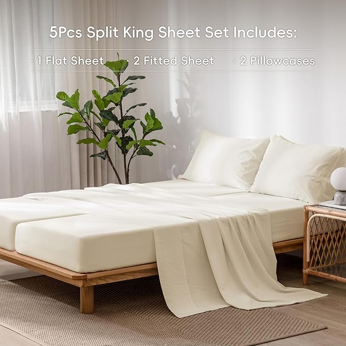 MooMee Bedding Sheet Set 100% Washed Cotton Linen Like Textured Breathable Durable Soft Comfy (Solid Cream White, Split King)