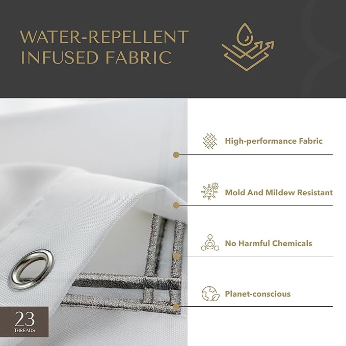 23 THREADS Fabric Shower Curtain for Bathroom, Water Resistant, Made from Sustainable Yarns, White, Luxury Embroidered