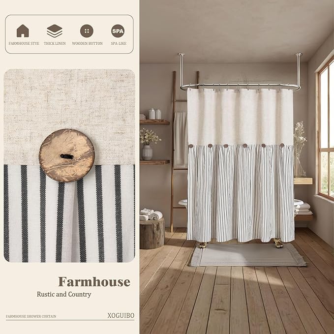 Farmhouse Shower Curtain Linen Button Woven Fabric Country Rustic Western, Pleated Black Stripe 72" W x 72" L
