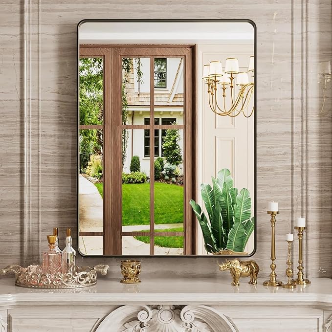 24x32 Inch Black Bathroom Mirror, Thick Rectangle Metal Framed Wall Mirror, Modern Round Corner Bathroom Vanity Mirror for Over Sink, Bedroom, Living Room, Entryway