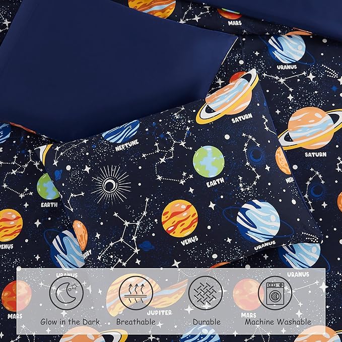 Full Size Comforter Set for Boys-7 Pieces Space Glow in The Dark Full Bedding Sets for Kids, Ultra Soft Bed in A Bag with Sheets
