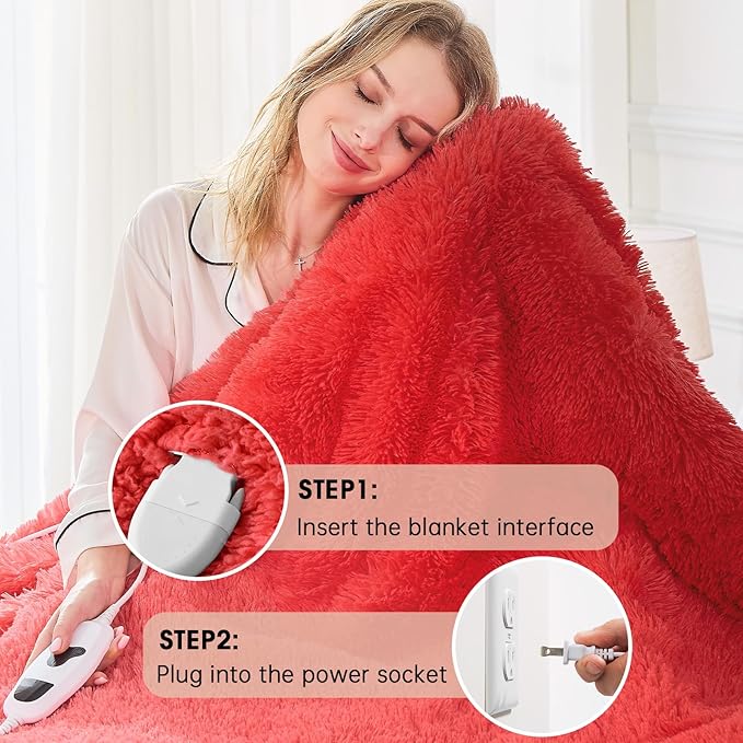 Heated Electric Blanket Twin,Warm Winter Birthday Gifts for Women Her Grandma–Faux Fur with Soft Sherpa,10 Heat Settings,5 Time Settings with Fast Heating, 62x84, Ruby Wine